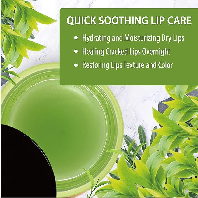 Green Tea Matcha Lip Sleeping Mask Overnight with Applicator, Dry Lips Treatment with Coconut Oil, Vitamin E, Fig Extract, Orchid, and Shea Butter, Moisturizer for Dry, Chapped, Cracked Lips