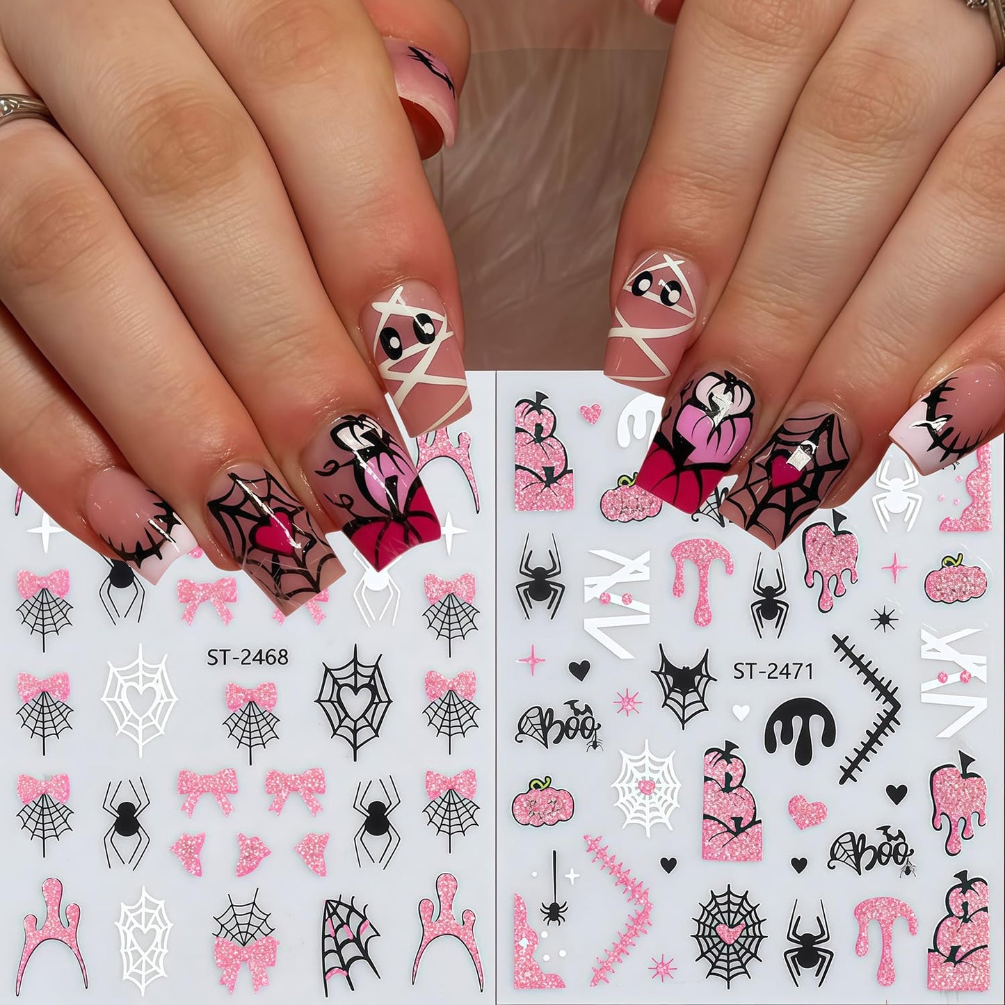 6 Sheets Halloween Nail Stickers for Nail Art 3D Self-Adhesive Pink Glitter and Black Spider Web Spider Pumpkin Bat Pattern Nail Art Stickers Holiday DIY Manicure Tips Nails Accessories for Women