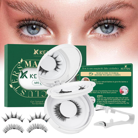 KEYYOU Reusable Magnetic Eyelashes 2 Pair with Applicator No Glue Needed 3D Natural Magnetic Lashes, Easy to Apply & Long Lasting for Daily Use & Events(A01+A02)