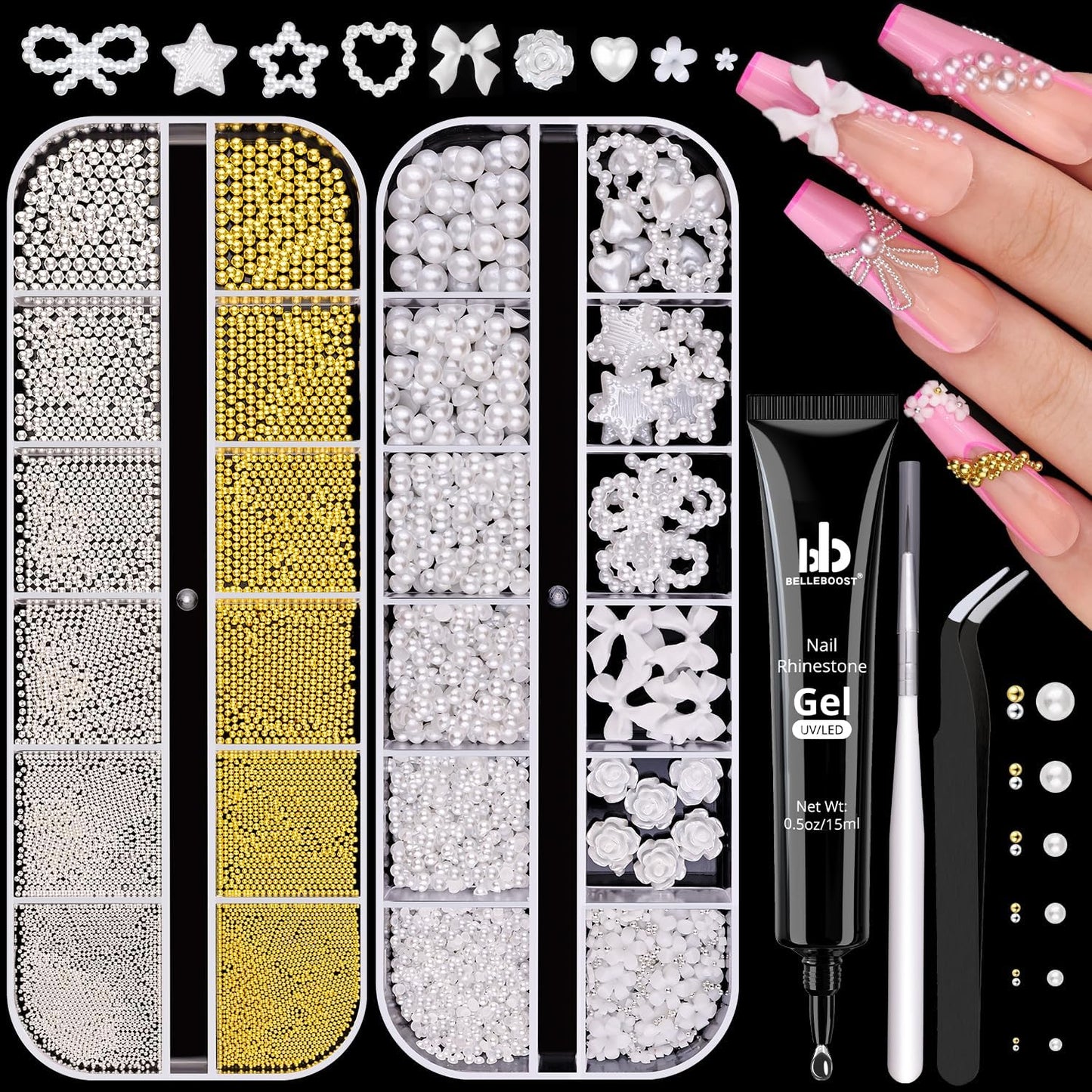 Flatback Pearls (White) and Metal Nail Beads (Silver+Gold) with Rhinestones Glue Gel for Nail Art, Pearl Nail Charms and Round Caviar Beads 3D Flowers Camellia Bows Star Heart for Manicure Decor