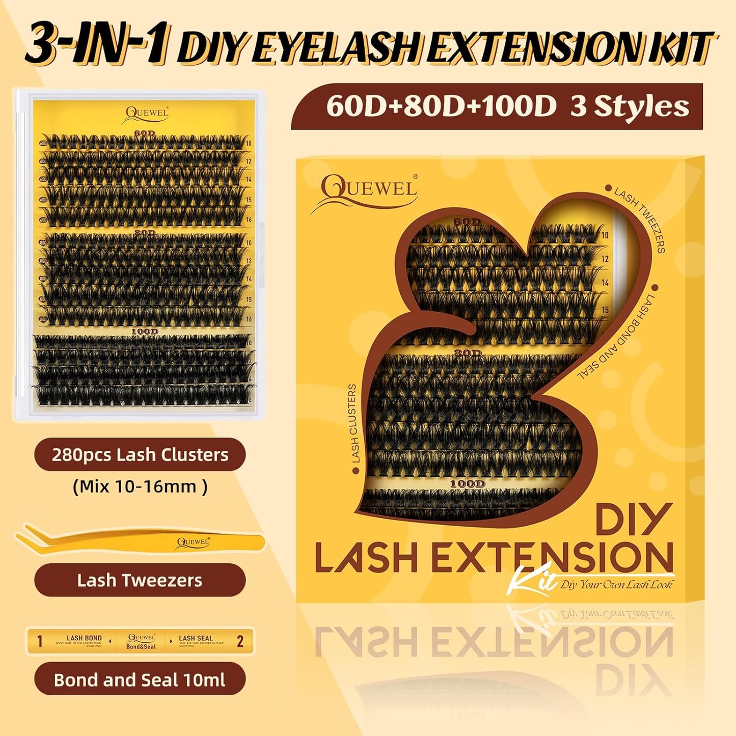 QUEWEL DIY-Lash-Extension-Kit, 280pcs 60+80+100D Lash-Clusters Mixed 10-16mm Thick Lash-Clusters-Kit with Lash Bond and Seal, and Cluster Lashes Tweezers Easy DIY at Home(60+80+100 KIT)