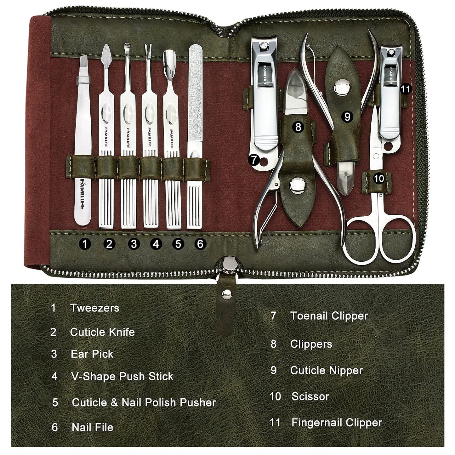 FAMILIFE Manicure Set, Professional Manicure Kit Nail Clippers Set 11 in 1 Stainless Steel Nail Pedicure Tools Kit Grooming Tool with Portable Green Leather Travel Case Luxury Gifts for Women and Men