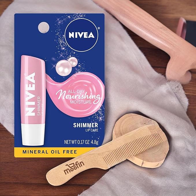 Nivea Lip Balm Shimmer Lip Care, 0.17 Oz Stick For Soft, Radiant Lips, Long-Lasting Hydration With Pearly Shimmer, Mineral Oil-Free, Lip Balm Hydrating - Bundles With Wooden Comb, [Pack Of 5]