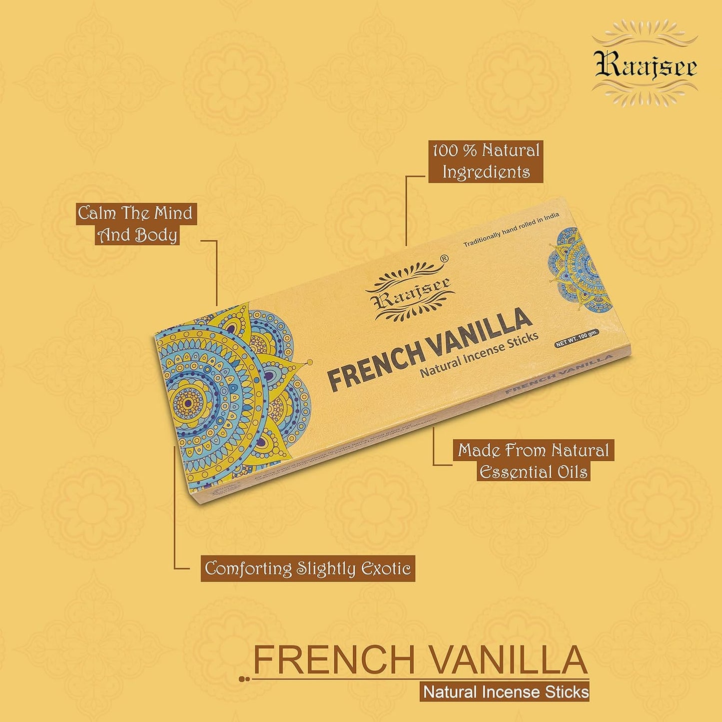 Raajsee Vnilla Incense Sticks 100 Gm Pack-100% Natural Insence Sticks -Organic Non Toxic - Charcoal Free - for Church,Aroma Therapy,Relaxation,Meditation