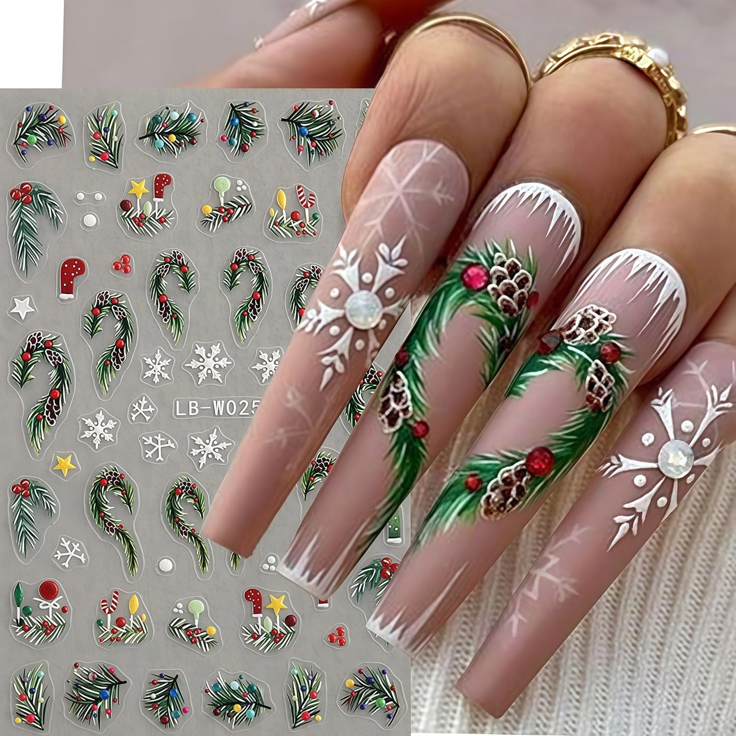 Christmas Nail Stickers 4 Sheets Christmas Nail Art Stickers, 5D Embossed Self-Adhesive Winter Leaves Snowflake Christmas Tree Flower Nail Decals Pattern Design DIY Holiday Nails Decoration for Women