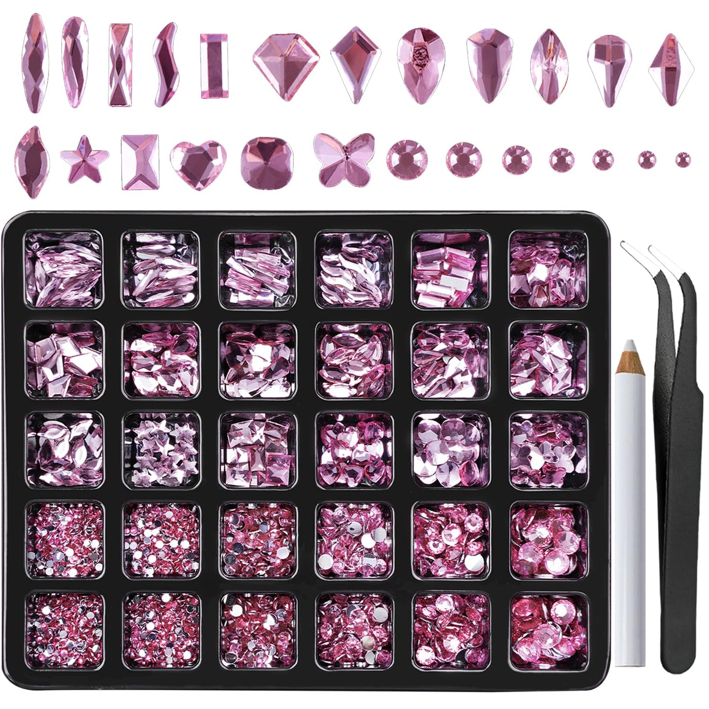 Canvalite 2900Pcs Pink Rhinestones for Nails, 18 Styles Multi Shape Nail Charms and Gems Shiny Glass Crystal Flatback Nail Rhinestones Set for Nail Art with Rhinestone Picker and Tweezers