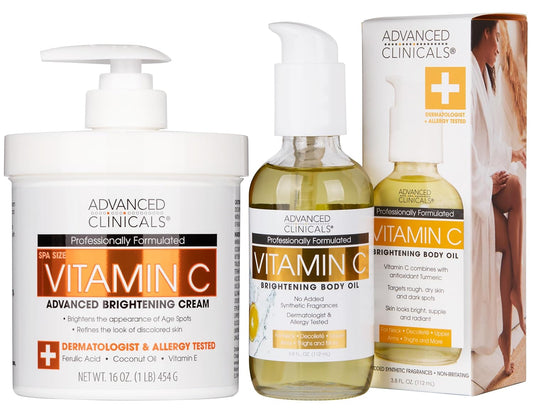 Advanced Clinicals Brightening Vitamin C Cream Moisturizer + Vitamin C Body Oil 2pc Skincare Set | Nourishing, Brightening, & Hydrating Body Oil & Body Lotion To Improve Appearance Of Dark Spots, 2pc