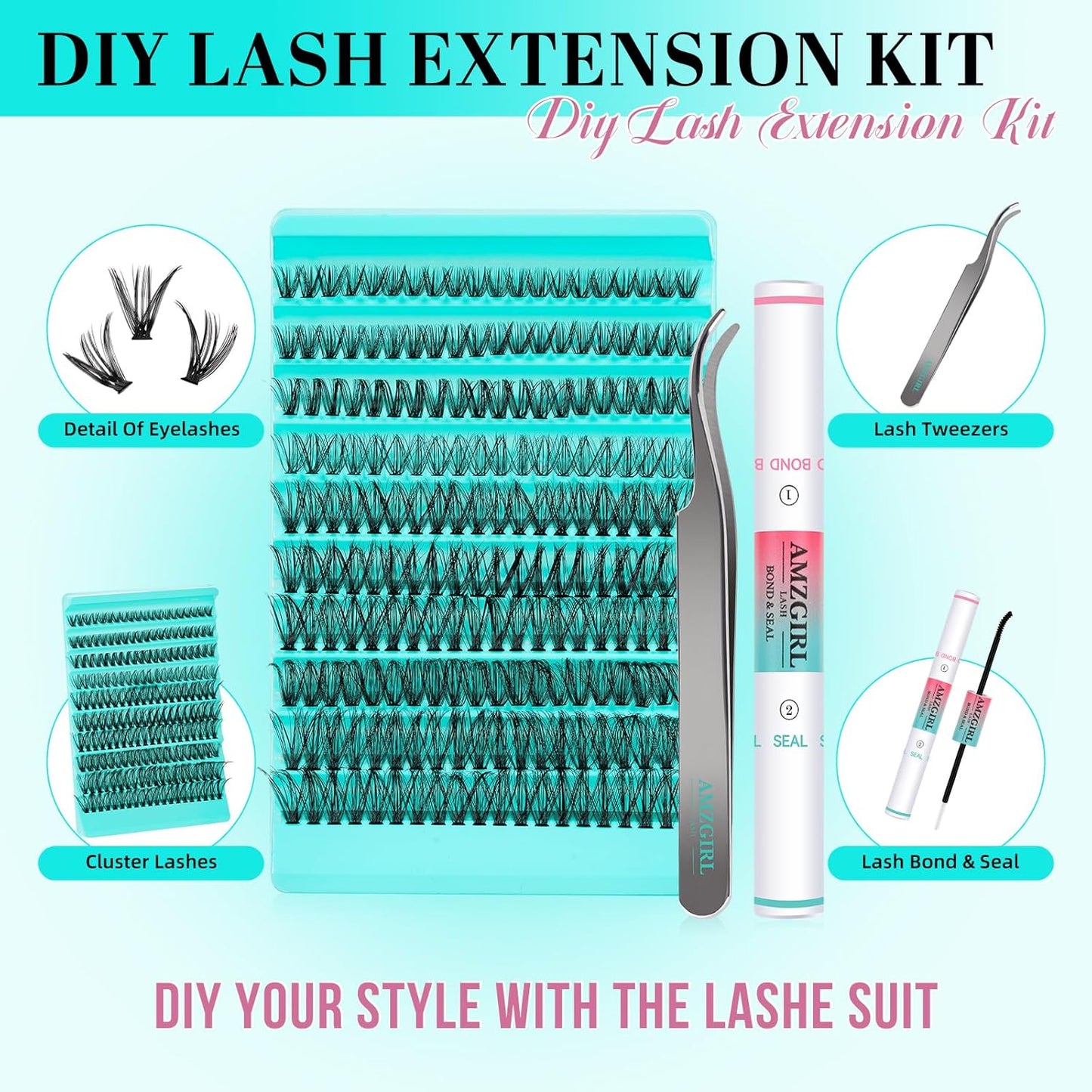 Lash Clusters Kit 200PCS 40D Eyelash Extension Kit D Curl Wispy Eyelash Clusters DIY Natural Individual Lashes Kits Lashes Extensions Kit with Lash Bond and Remover Eyelash Tweezer at Home（White Bond）