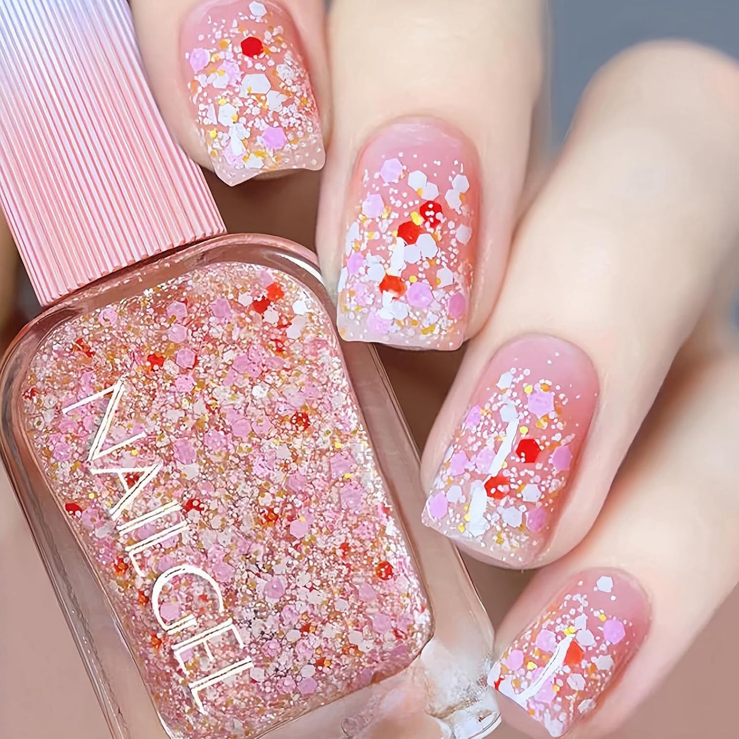 Clear Chunky Glitter Top Coat Nail Polish, Spring Summer Nail Polish with Flower Glitter for Women & Girls, No UV Light Needed