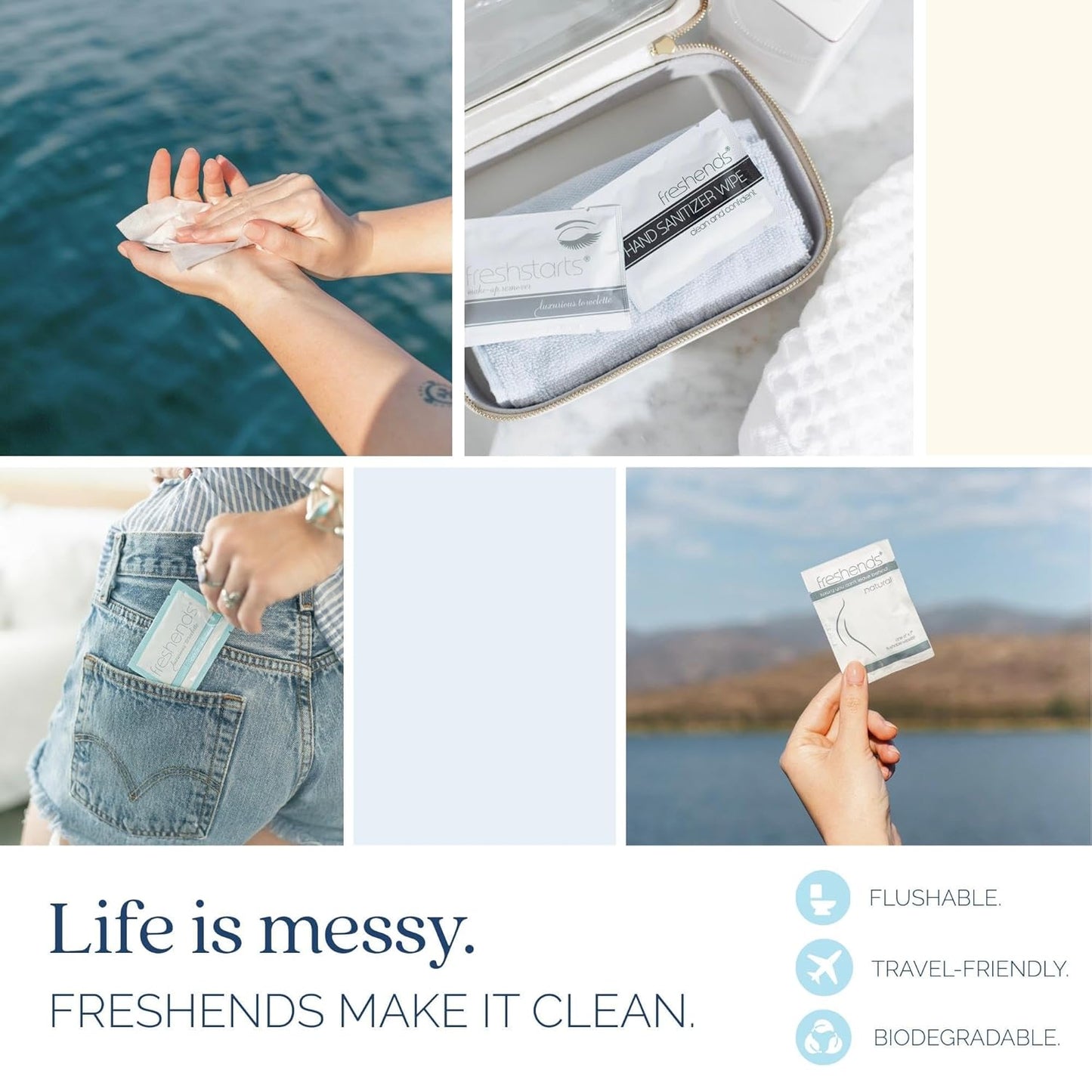 Freshends Flushable Individually Wrapped Wipes – 50 Bulk Pack Luxurious Towelettes, Guest Bathroom Essentials for Weddings, Restaurants, Bars & Clubs – Grey, Travel-Size, Disposable