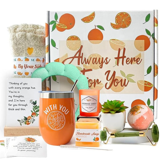 Orange-Themed Spa Gift Basket for Women - Self-Care Package, Birthday Box with Handmade Soap, Candle, Bath Bomb, Headband, and Towel