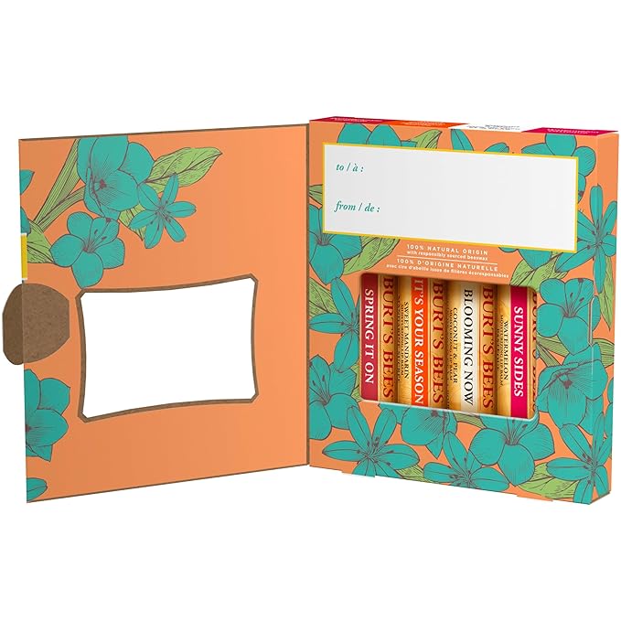 Burt's Bees Lip Balm Easter Basket Stuffers - Just Picked Gifts Set with Pomegranate, Watermelon, Sweet Mandarin, Coconut and Pear Natural Lip Treatment Tubes, 4, 0.15 oz.