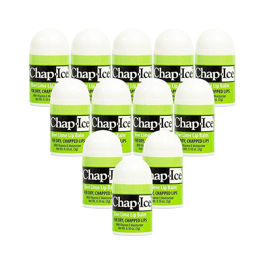 Chap-Ice® | 12-Count Mini Kiwi Lime Lip Balm | Lip Balm Pack Fortified with Vitamin E for Dry, Cracked Lips | Made in USA | 12-Count Mini Lip Balm with Kiwi Lime Flavor (0.10oz/3g Each)