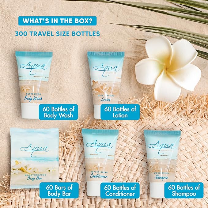 Aqua Organics Hotel Soaps and Toiletries Bulk Set | 1oz Hotel Shampoo & Conditioner, Body Wash, Body Lotion & 1oz Bar Soap Travel Size | 300 Pieces