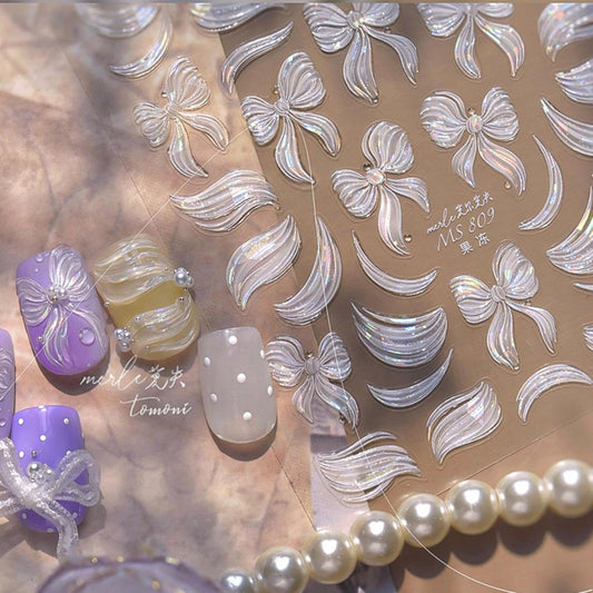 Bow Nail Art Stickers Decals Jelly Nail Art Stickers Silk Nails Art Decals with Design 5D Embossed Self Adhesive White Nails Sticker for Women Girls Kid Manicure Supply DIY Charms Decoration