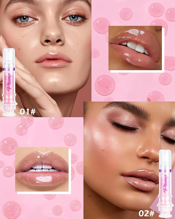 Lip Plumping Booster Lip Gloss,Plump and Pout Lip Plumper Hydrating & Volumizes Lip Wrinkles,Enhancing Plump Effect for Fuller Lips,High Shine Lip Glaze,Women's Day Makeup Gift for Women-01+02