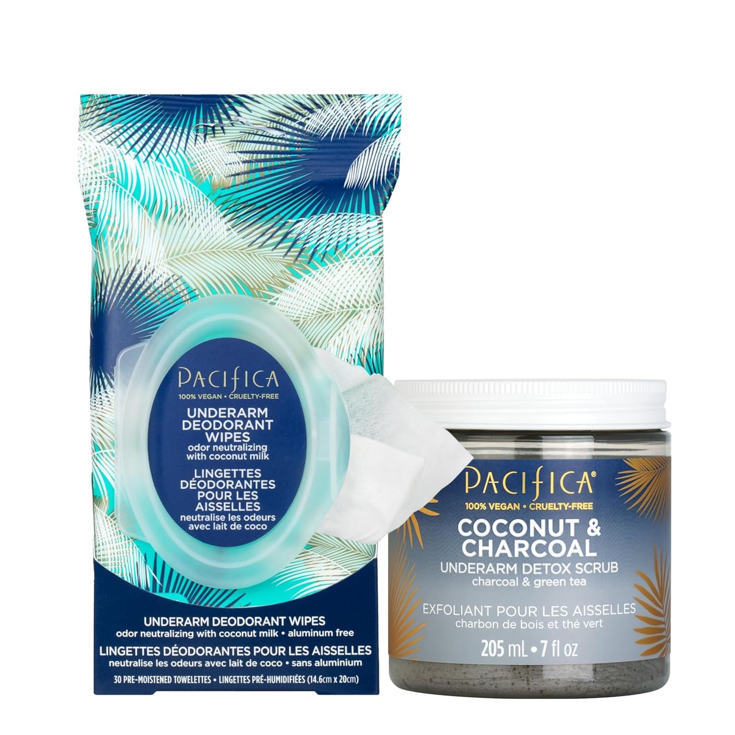 Pacifica Underarm Detox & Odor Control Bundle – Coconut & Charcoal Armpit Scrub and Coconut Deodorant Wipes, Aluminum-Free Underarm Care Set for Natural Deodorant Users