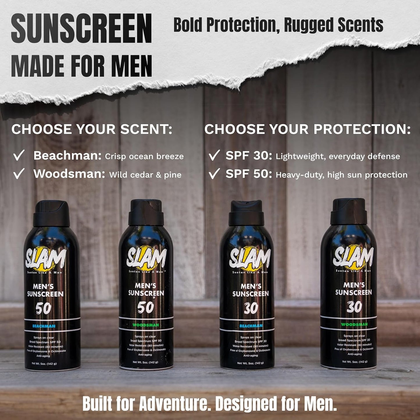 SLAM WoodsMan Men's Scented Sunscreen Spray SPF 50 – Broad Spectrum Sun Screen for Face & Body, Waterproof & Sweat Resistant Spray Sunscreen SPF 50, UVA/UVB Protection, Mens Sunblock
