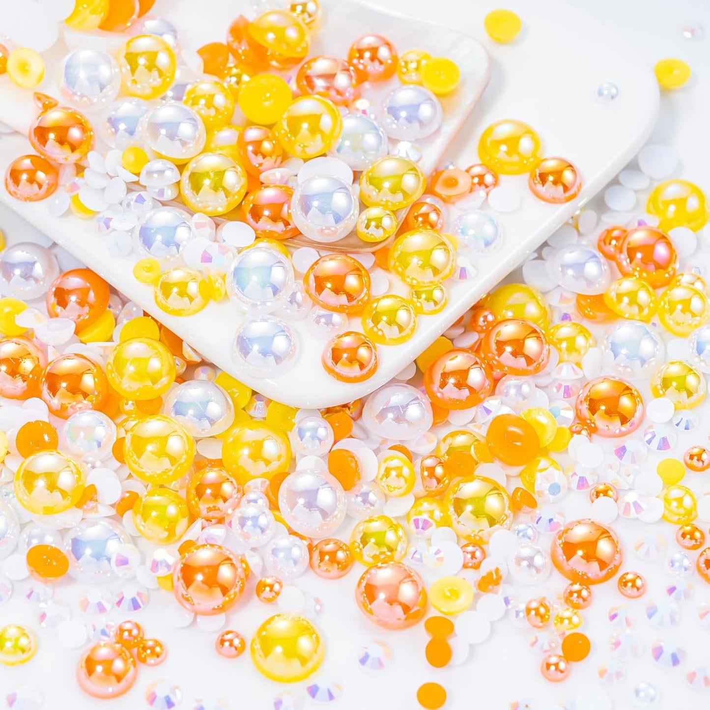 60g Orange Citrine Pearls Rhinestones for Crafts Mixed Size 3mm-10mm AB Color Round Half Pearls Flatback Pearl Beads and Resin Rhinestones Set for Face Art with Glue