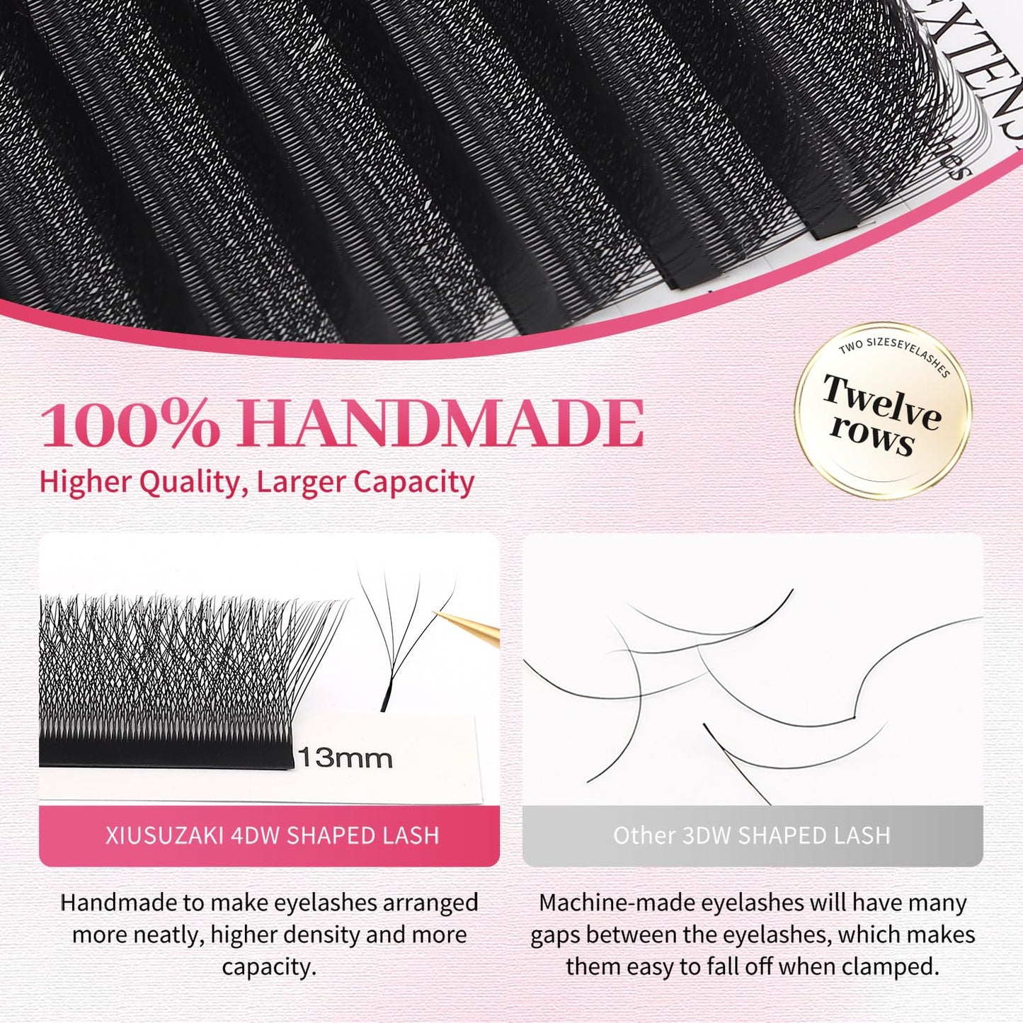 W Lash Extensions Supplies 4D Eyelash Extensions W Shape 0.07mm Thickness C Curl 13mm Premade Fans Easy Fan Lashes Volume Matte Black 12 Rows Crisscross Eye Lashes(W-4D-0.07-C,13mm)