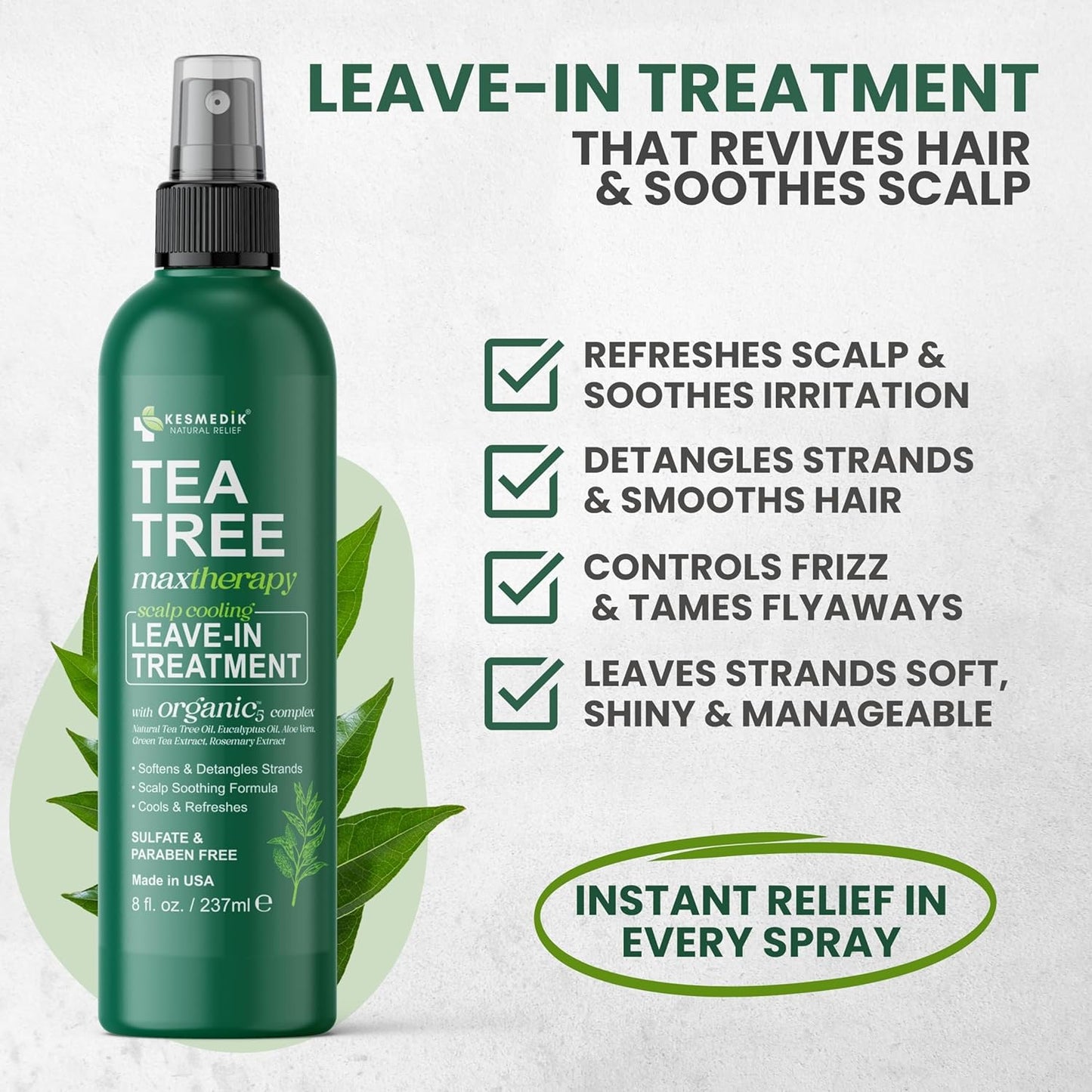 Tea Tree Oil Leave In Conditioner, Detangler Spray for Dry Damaged Hair, Frizz Control, Itchy Scalp Relief for Men & Women, Paraben & Sulfate Free.