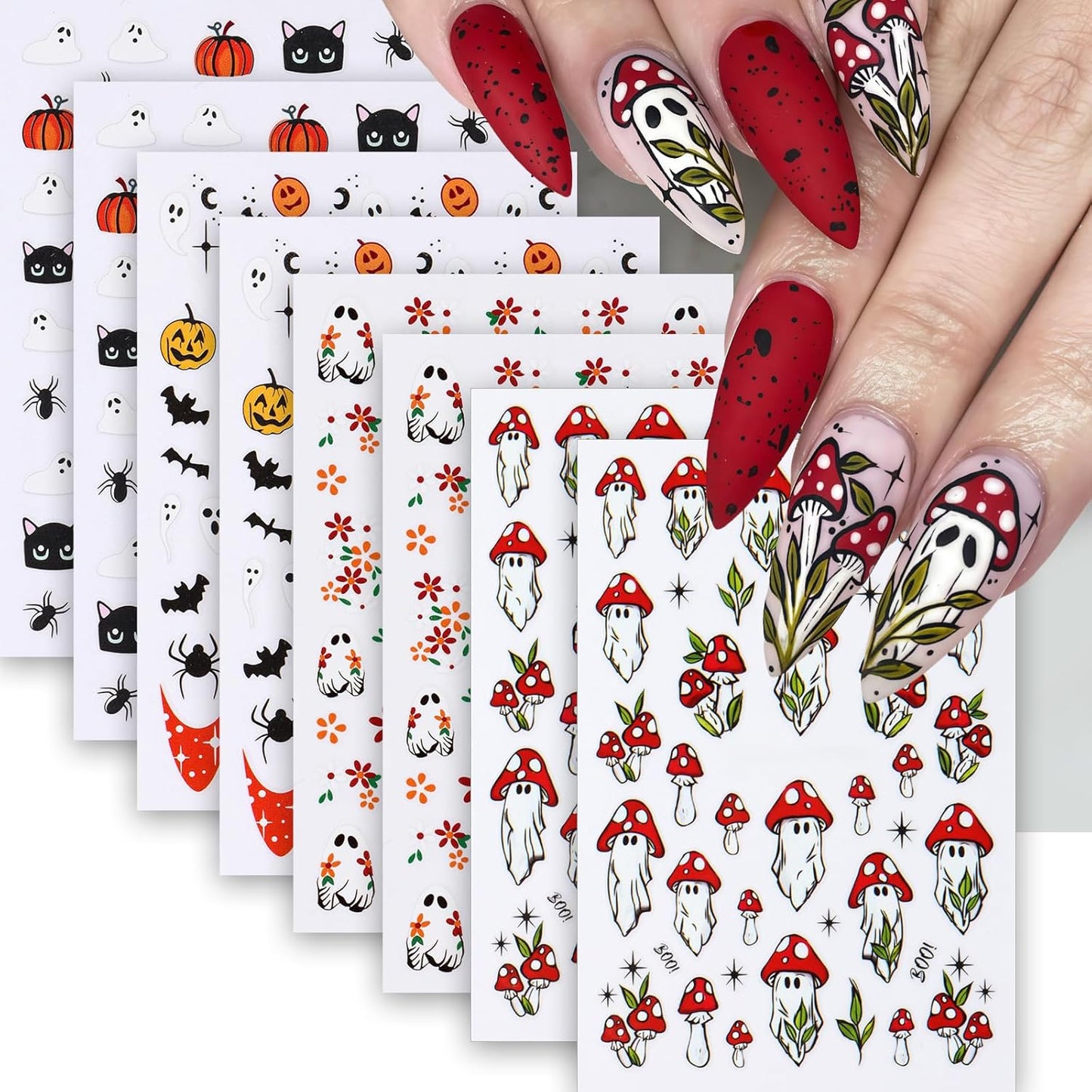 8Pcs Halloween Nail Art Stickers Decals Cute Ghost Pumpkin 3D Self Adhesive Nail Decals Flower Spooky Mushroom Ghost Nail Design Pumpkin Cats Spider Bats French Manicure Supplies for Women Nail Decor