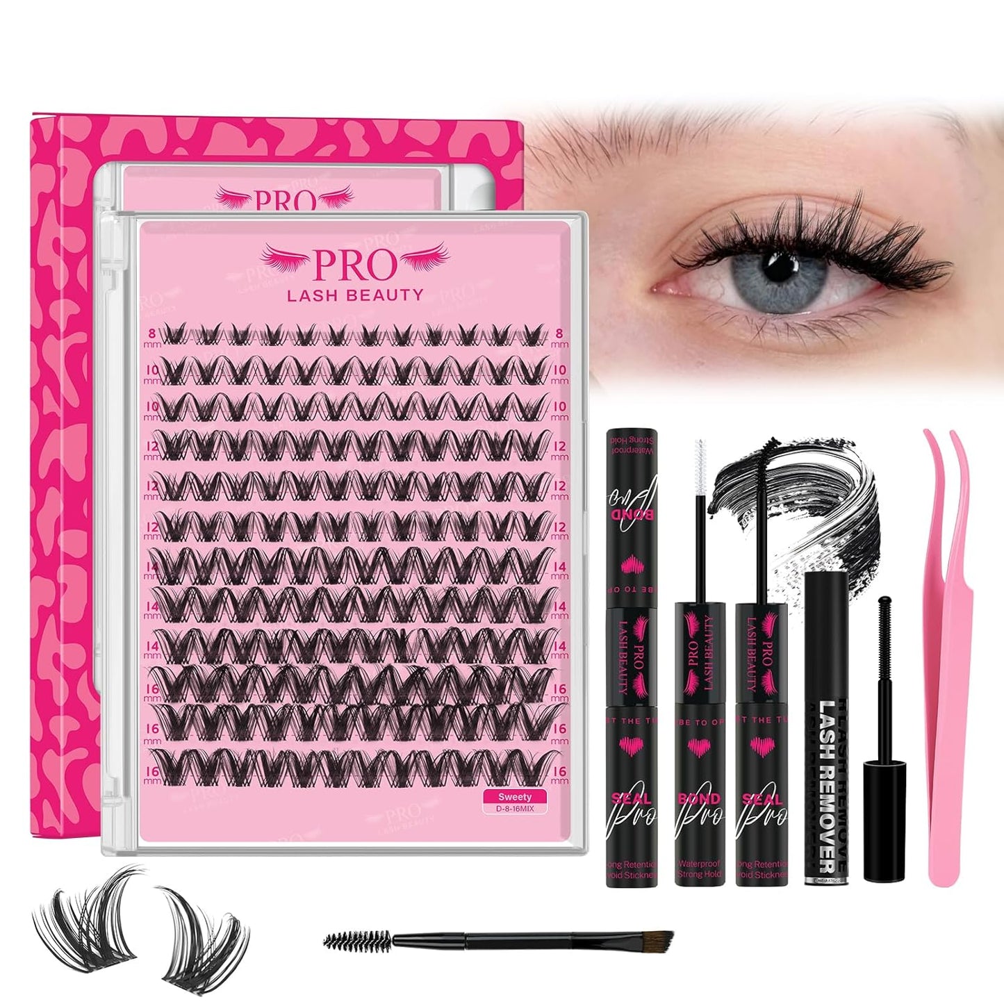 PRO LASHBEAUTY Manga Lash Clusters Kit with Lash Bond and Seal Eyelash Applictor Lash Remover DIY Lash Extension Kit for Beginner Waterproof Resuable Eyelash Extensions at Home (Sweety,8-16mix)