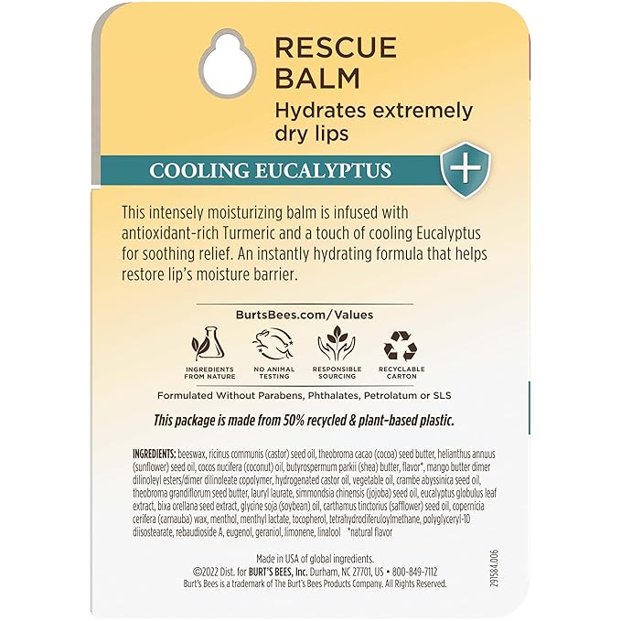 Burt's Bees 100% Natural Origin Rescue Lip Balm With Beeswax and Antioxidant-Rich Turmeric Promotes Healing Of Extremely Dry Lips, Cooling Eucalyptus, 2 Tubes in Blister Box(Pack May Vary)