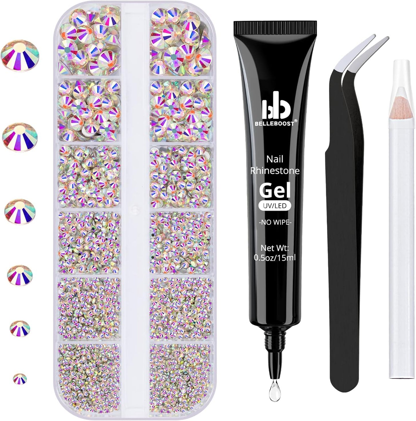 Nail Art Rhinestone Glue Gel&Flatback Gems Accessories Kit, 1 Tube of 15ml Rhinestone Gel Glue(UV/LED Needed)+1 Box of Flat-Back Round Glass Crystal AB Gemstones with Pickup Pencil and Tweezer