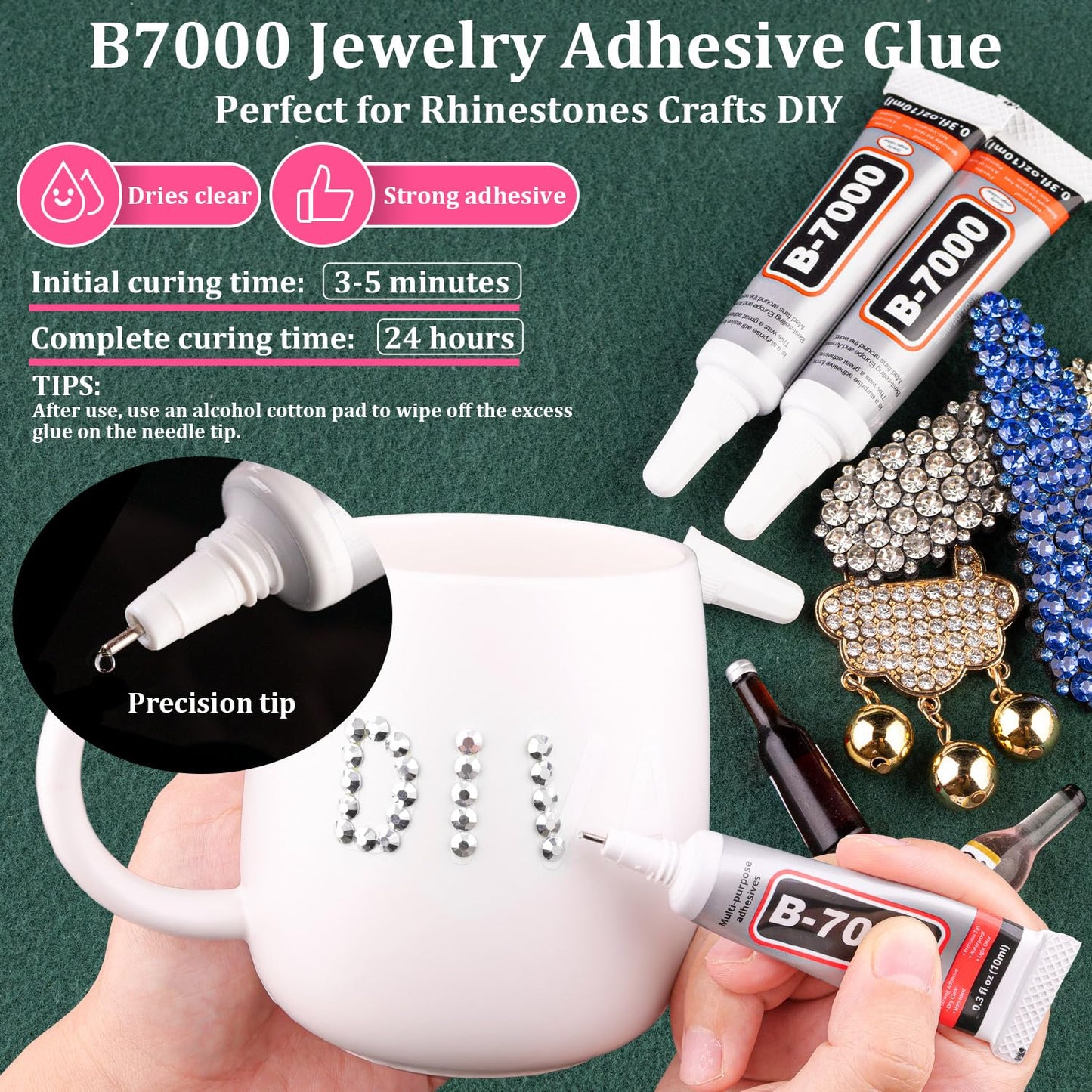 Resin Rhinestones for Crafting with B7000 Jewelry Glue, 1 Box Silver Flatback Crystals with 3Pcs 10ml Glue for Bedazzling Crafts DIY Nail Art Makeup，Non Hotfix Gems for Clothing Shoes