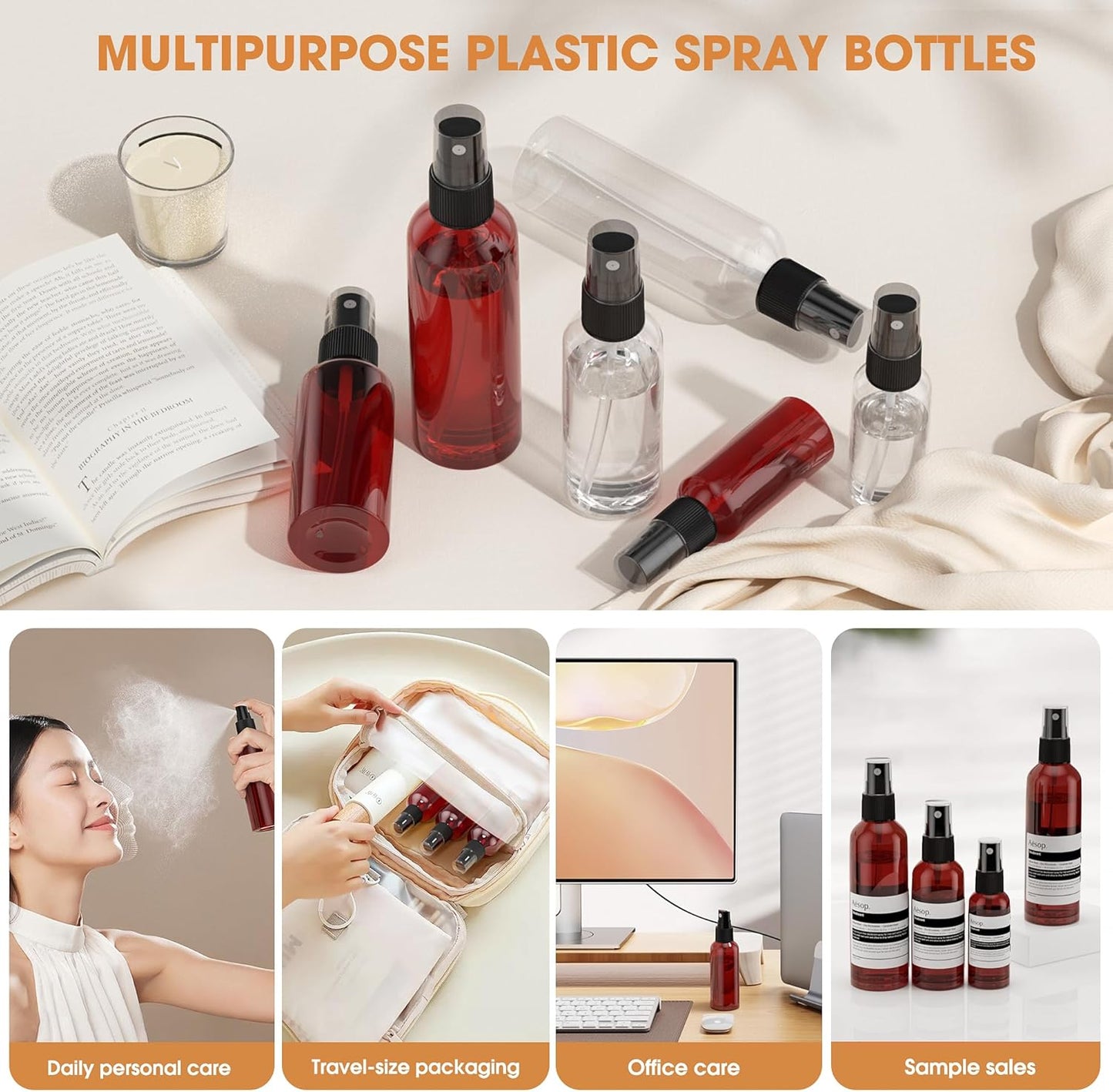 100Pack Small Spray Bottles 2oz, 60ml Travel Spray Bottle Bulk Black Fine Mist Sprayer, Empty Refillable Containers Portable Cosmetic Plastic Spray Bottles for Cleaning, Misting & Skin Care-Brown