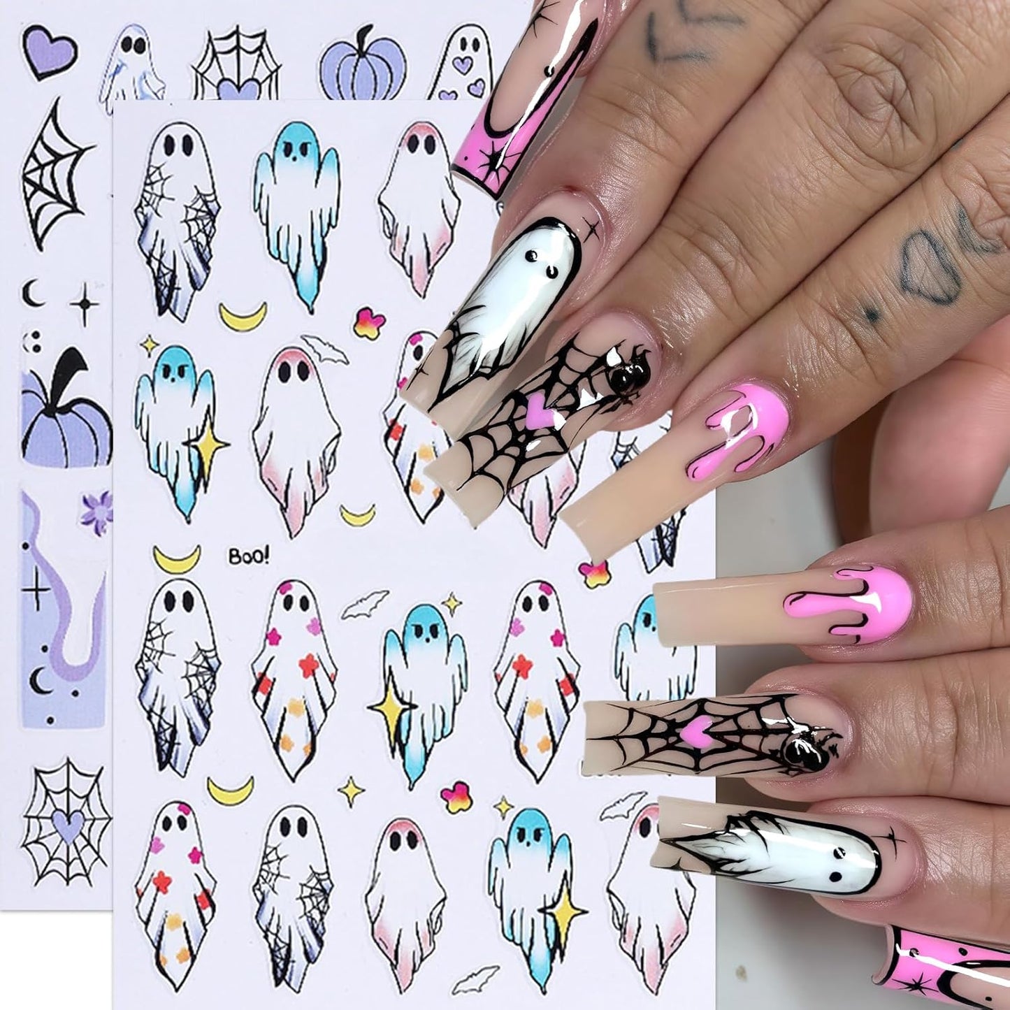 8Sheets Halloween Cute Heart Ghost Nail Stickers 3D Self-Adhesive Pumpkin Spider Web Nail Decals Pumpkin Bat Spider Web Black Cat Nails Design Star Nail Accessories for Women Holiday Manicure Decor