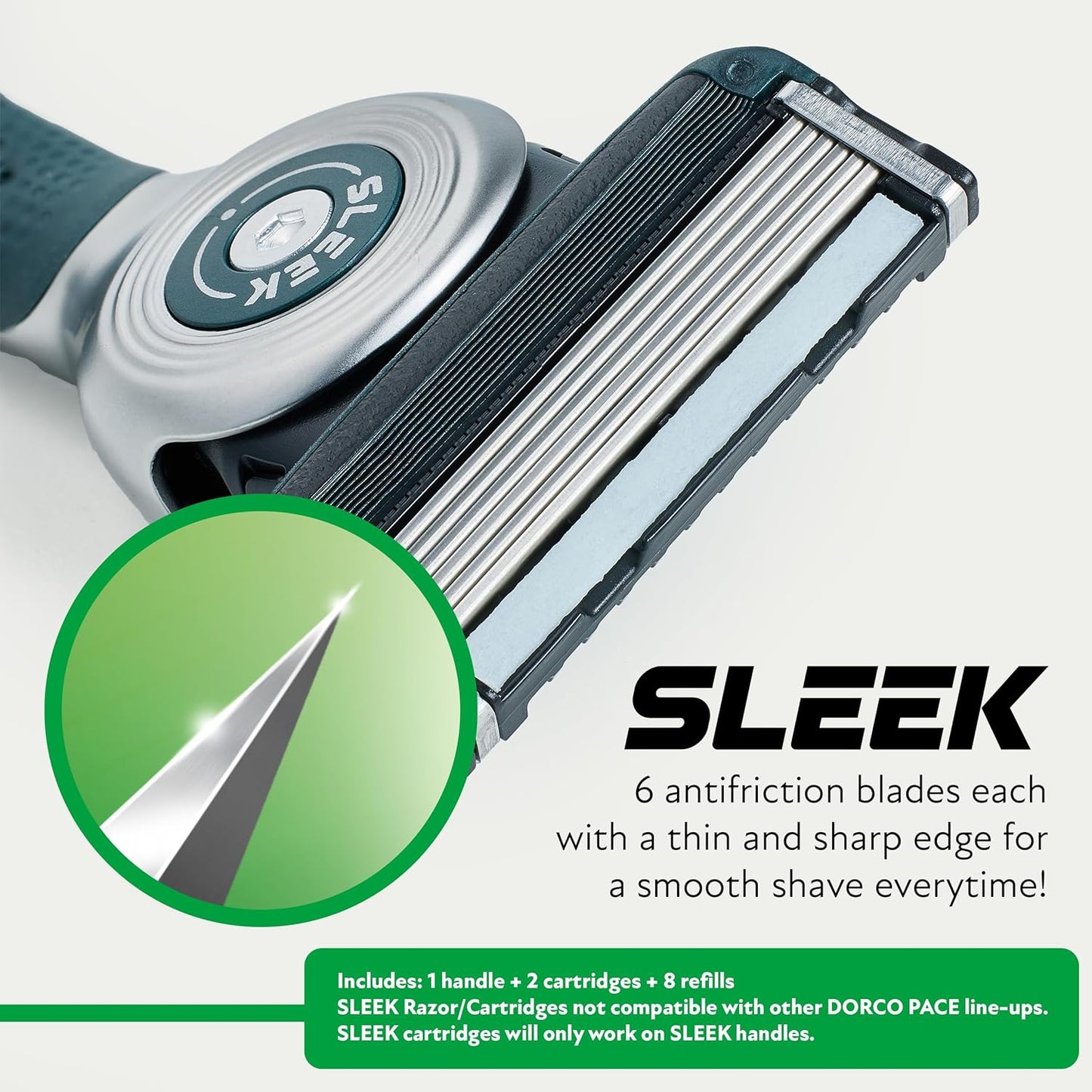 DORCO SLEEK Six Blade Razor System Bundle with Multi-Flex Technology, Ergonomic Handle With Precision Shaving Razor Replacements, 10 Cartridges