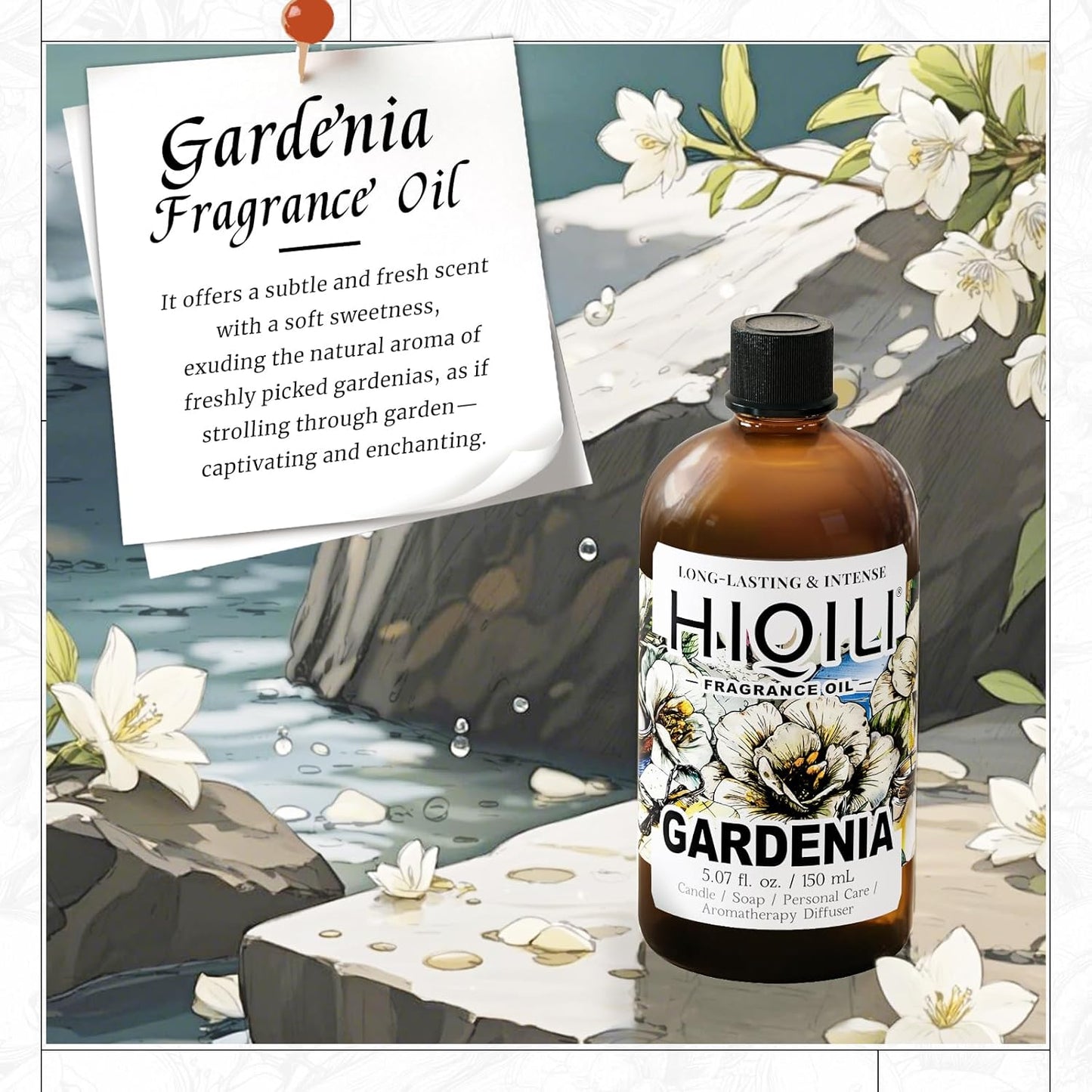 HIQILI Gardenia Fragrance Oil for DIY Candle, Soap & Perfume Making, Add to Essential Oil Diffuser, Body Wash, Long-Lasting - 5.07 Fl Oz