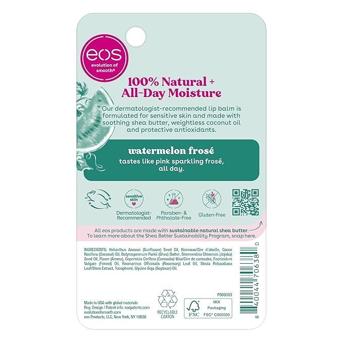 eos 100% Natural Lip Balm- Watermelon Frosé, Dermatologist Recommended for Sensitive Skin, All-Day Moisture Lip Care, 0.14 oz (Pack of 2)