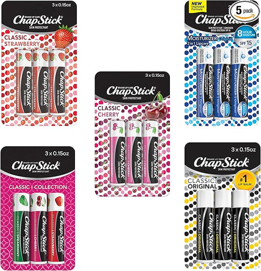 ChapStick Classic Collection Flavored Lip Balm Tubes Pack, Lip Moisturizer - 0.15 Oz (Box of 5 Packs of 3)