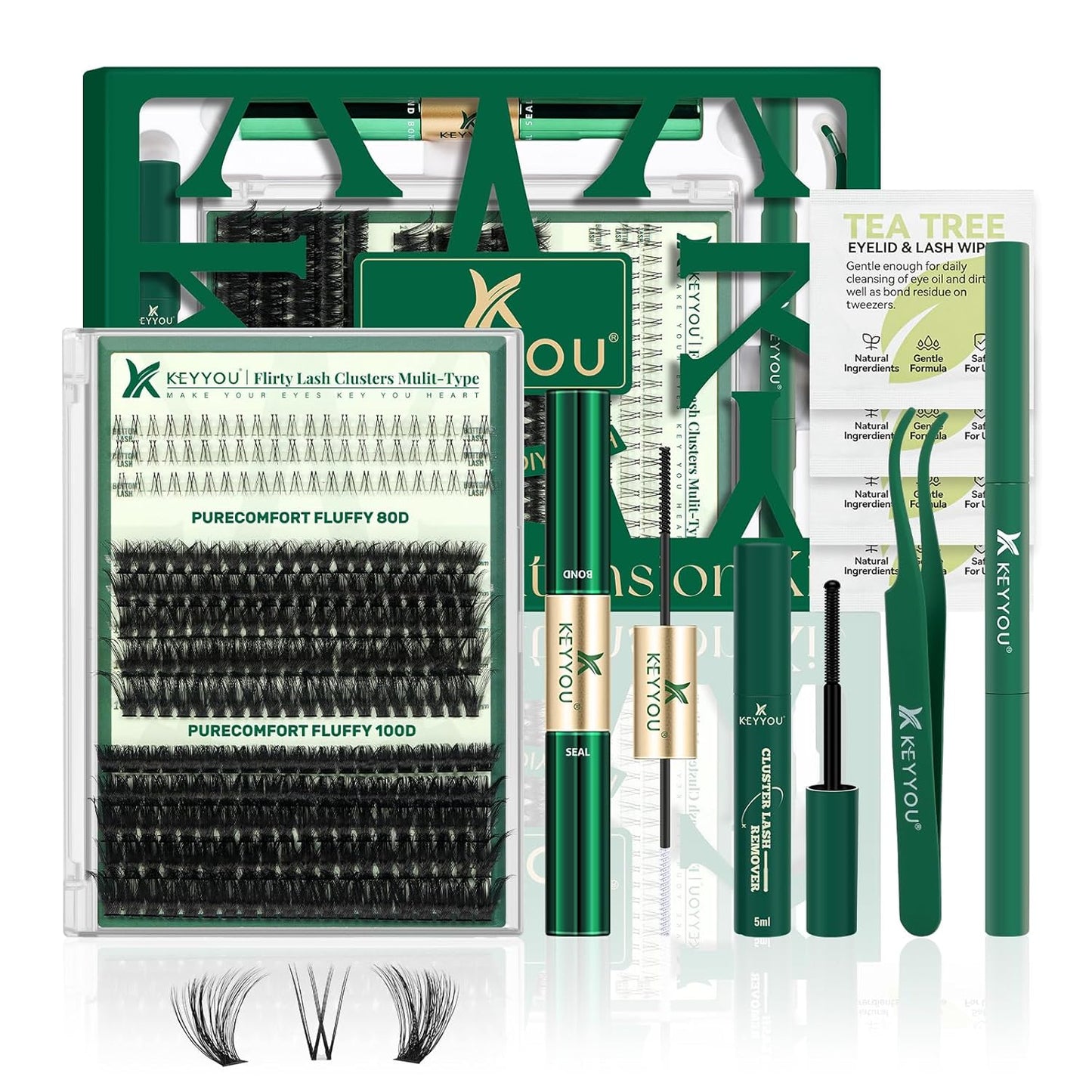 KEYYOU Lash Extension Kit with Bottom Lashes Mixed 5-18mm 80D 100D Eyelash Extension Kit Multi-Type Lash Clusters with Bond and Seal Applicator Remover DIY at Home