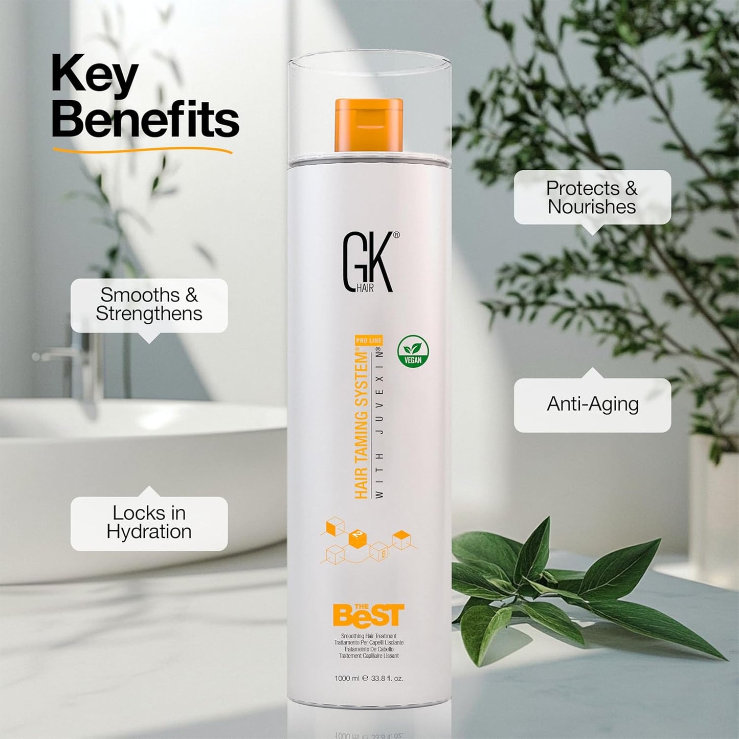 GK HAIR Global Keratin The Best (33.8 Fl Oz/1000ml) Smoothing Keratin Hair Treatment - Professional Brazilian Complex Blowout Straightening For Silky Smooth & Frizz Free Hair