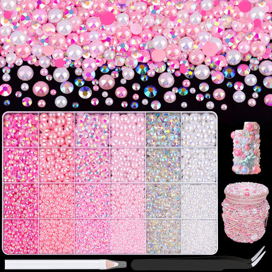 9000Pcs Flatback Pearls and Rhinestones for Crafting, Pink White Mixed Size 3-8mm Resin Rhinestones and Half Pearls for Bedazzling, Nail Art with Tweezers and Pickup Pencil