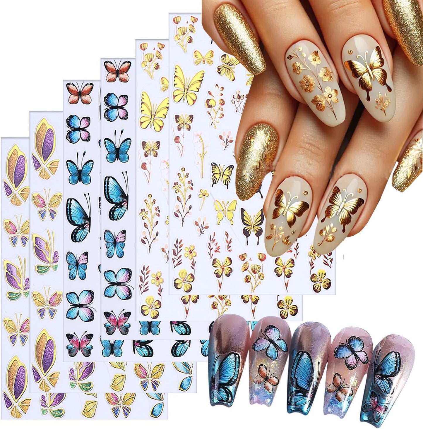 Butterfly Nail Art Stickers 3D Self-Adhesive Nails Sticker Gold Butterflies Nail Decals Holographic Spring Decal Decoration for Women Blue Butterfly Manicure Stickers DIY Nail Art Sticker Supplies