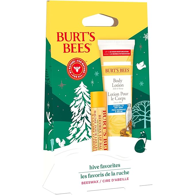 Burt's Bees Hive Favorites Beeswax Holiday Gift Set, Beeswax Lip Balm and Travel Size Body Lotion with Milk and Honey