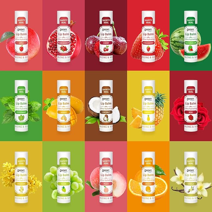 DMSKY 30 Pack Lip Balm, Natural Lip Balm Bulk with Vitamin E and Coconut Oil, Moisturizing Soothing Chapped Lips-15 Flavors