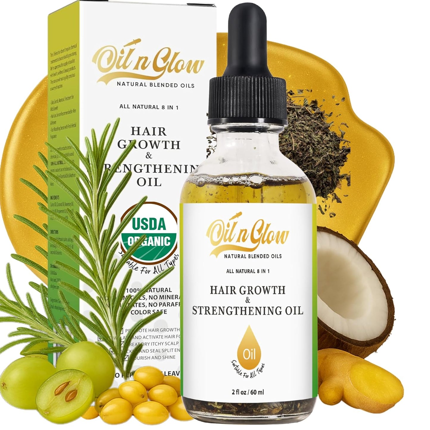 USDA Certified Organic 9 in 1 Natural Hair Growth Serum & Strengthening Oil with Rosemary, Castor, 100% Vegan Jojoba, Coconut, Grape Seed, Ginger & Scalp DHT Blocker Peppermint Oil 2 FL