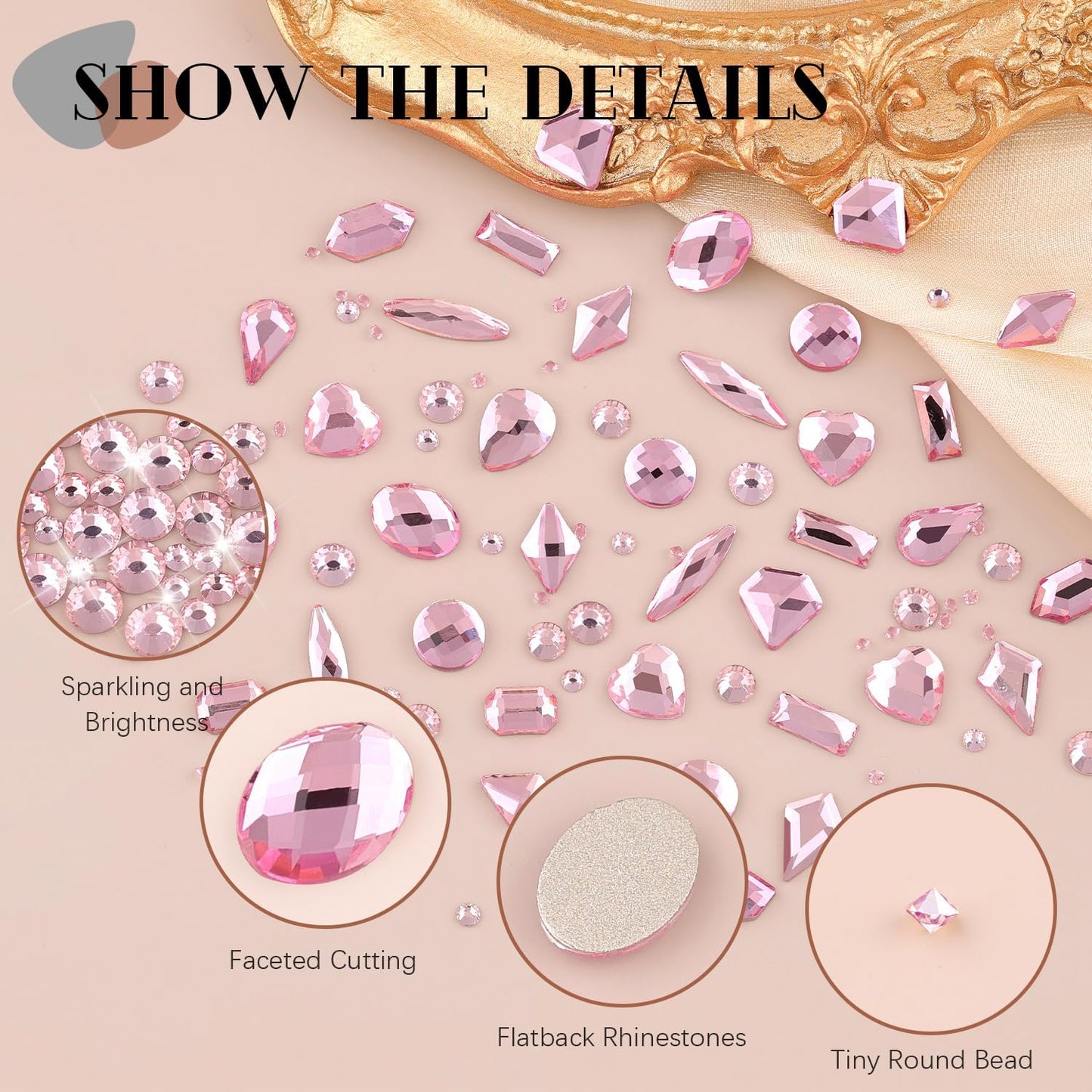 2680Pcs Pink Glass Nail Rhinestones 120Pcs Multi Shapes Flatback Nail Gems + 2560Pcs 1.5-4mm Round Crystal, Manicure Nail Charms Diamond Gemstones for Acrylic Nails Decoration