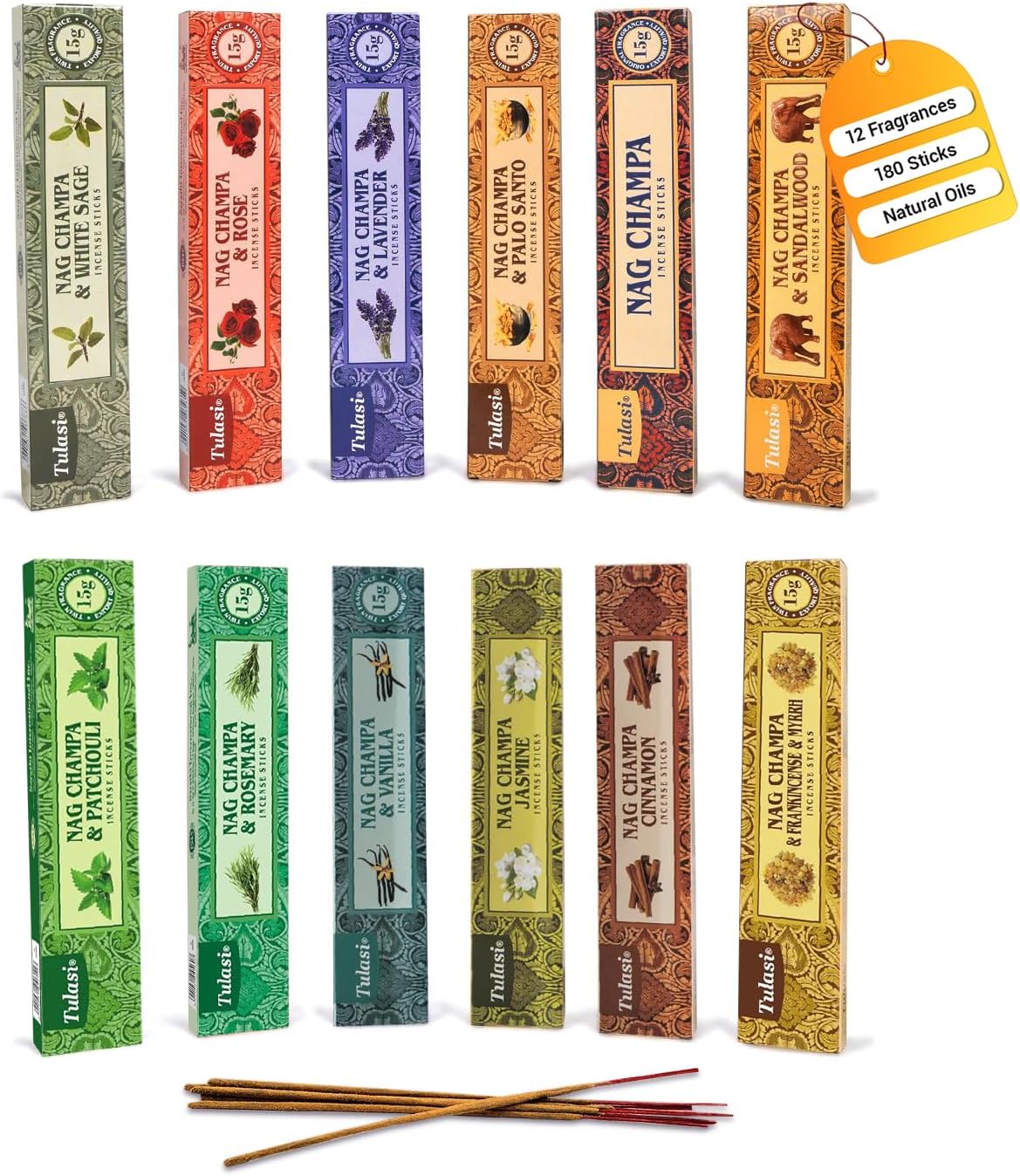 Nag Champa Incense Sticks with Natural Oils, Assorted Incense Set of 12 Scents - Lavender, Rose, Sandalwood, Vanilla, White Sage, Cinnamon, Rosemary etc, Positive Aroma for Meditation, Yoga & Prayer