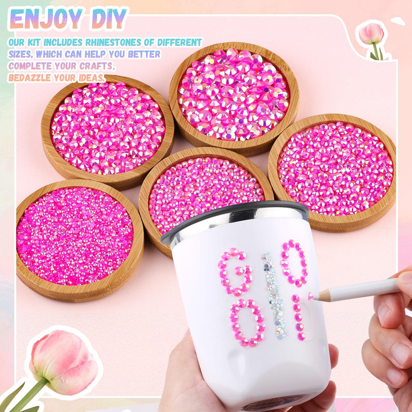 25000Pcs Resin Jelly Rhinestones with Tweezers for Crafting, 2-6mm Mixed Sizes (Hot Pink AB) Non Hotfix Flatback Gems, Bedazzling Crystal for DIY Crafts Clothing Tumblers Mugs Shoes Decor Nail Art