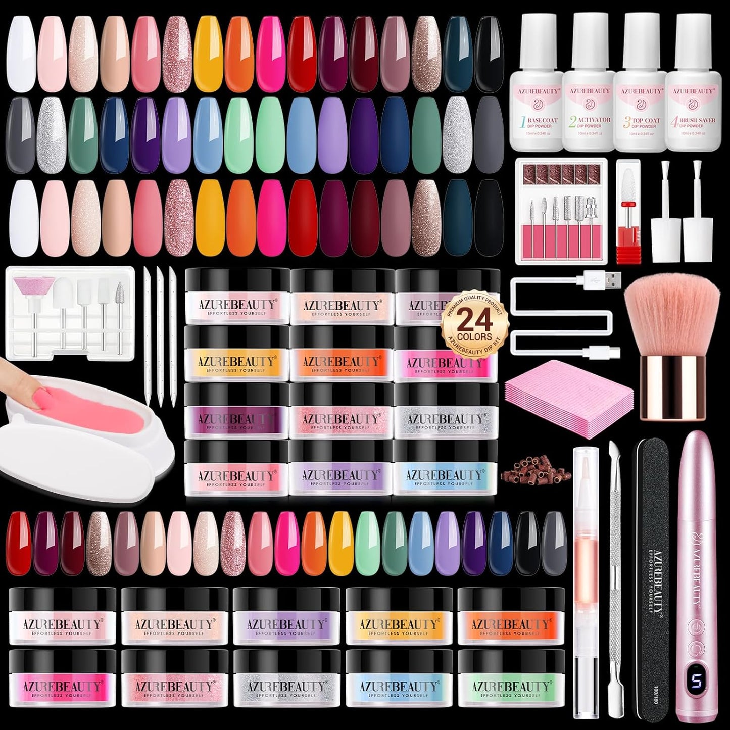 AZUREBEAUTY Dip Powder Nail Kit with Electric Nail Drill 24 Colors Nude Pink Glitter Red Green Nail Powder Starter Kit with Dip Liquid Set Base Top Coat Activator Portable Manicure Essential Set