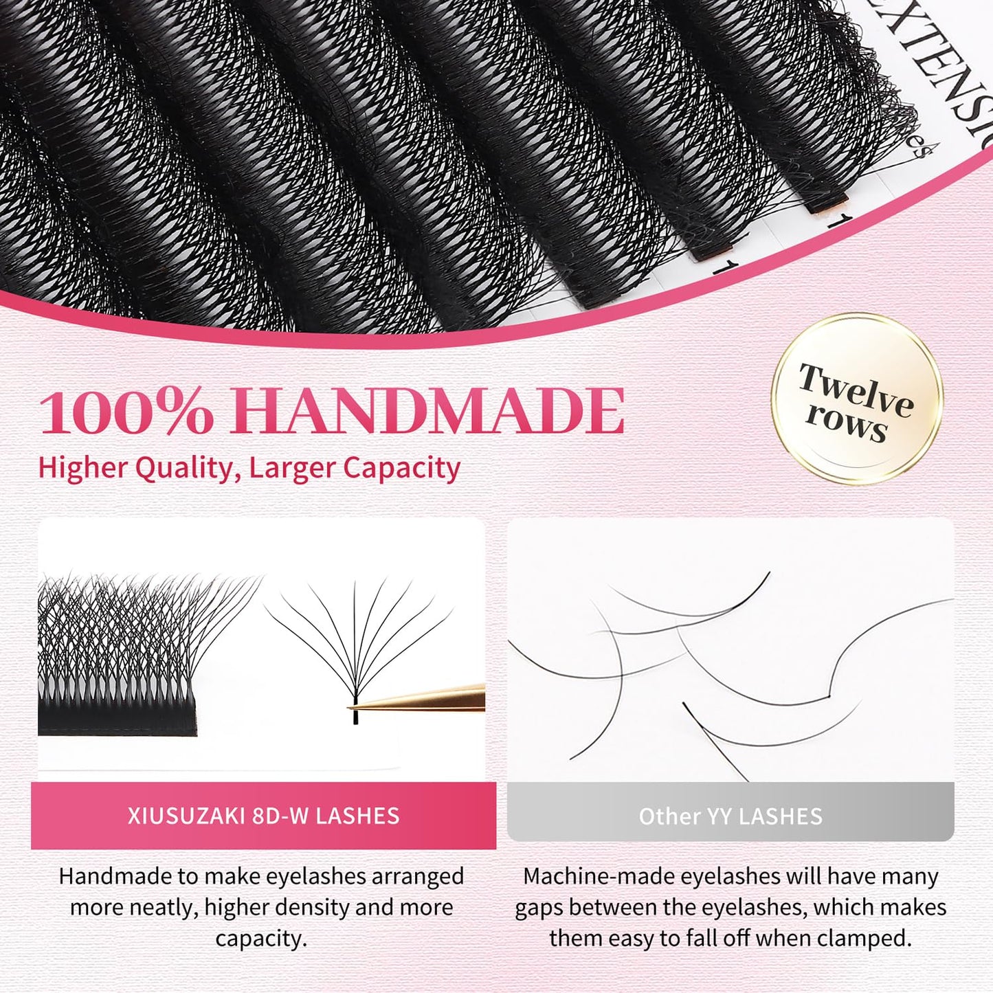 W Lash Extensions Supplies 8D Eyelash Extensions W Shape 0.07mm Thickness D Curl 11mm Premade Fans Easy Fan Lashes Volume Matte Black 12 Rows Crisscross Eye Lashes(W-8D-0.07-D,11mm)
