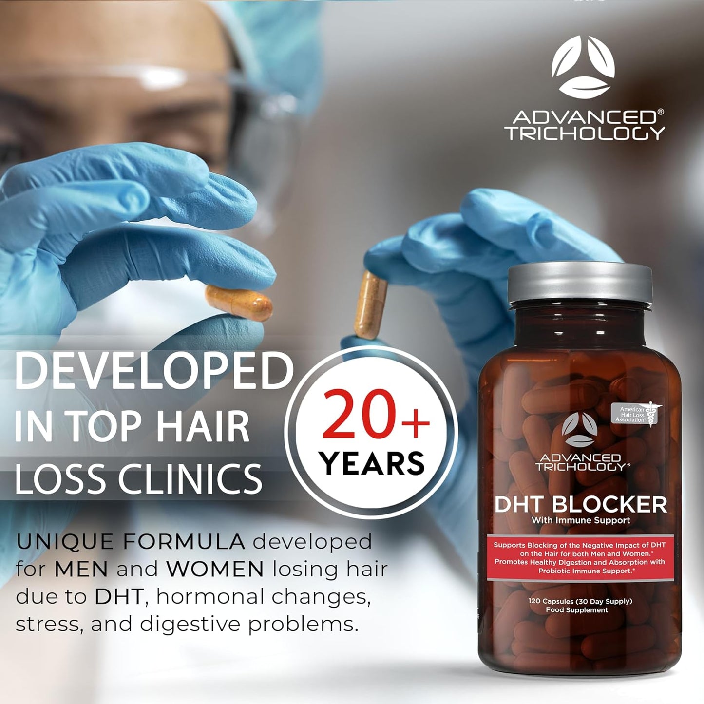 Advanced Trichology DHT Blocker - Hair Growth Supplement for Genetic Thinning for Men and Women | Approved* by American Hair Loss Association - 120 Count (Pack of 1)