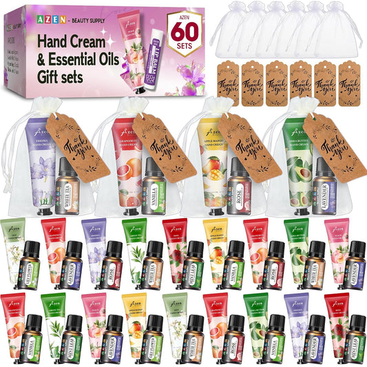 AZEN 60 Sets Bulk Gifts, Hand Cream and Essential Oils Bulk Set with Organza Bag Thank You Card, Baby Shower Wedding Gifts for Guests, Bridal Wedding Favors for Guests,Thank You Gifts for Women